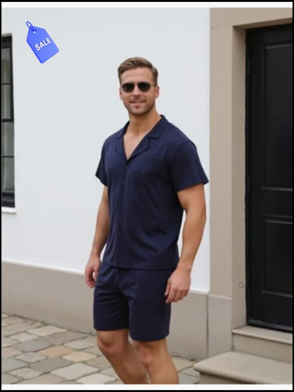 Men's Cotton Pajama Set - Short Sleeve Button Down Lounge Set with Pockets
